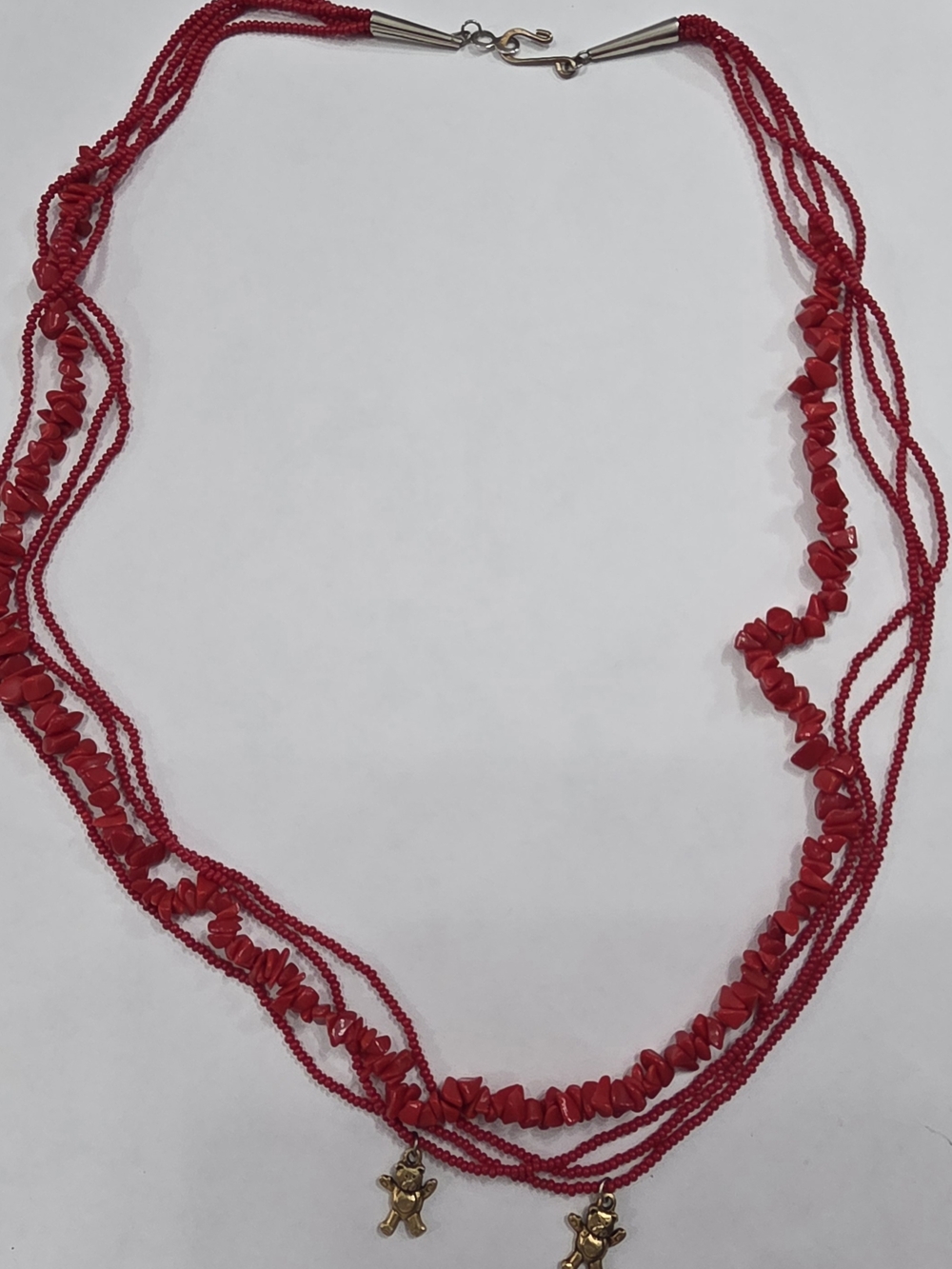 Red Multi-Strand Beaded Necklace with Gold Bear Charms